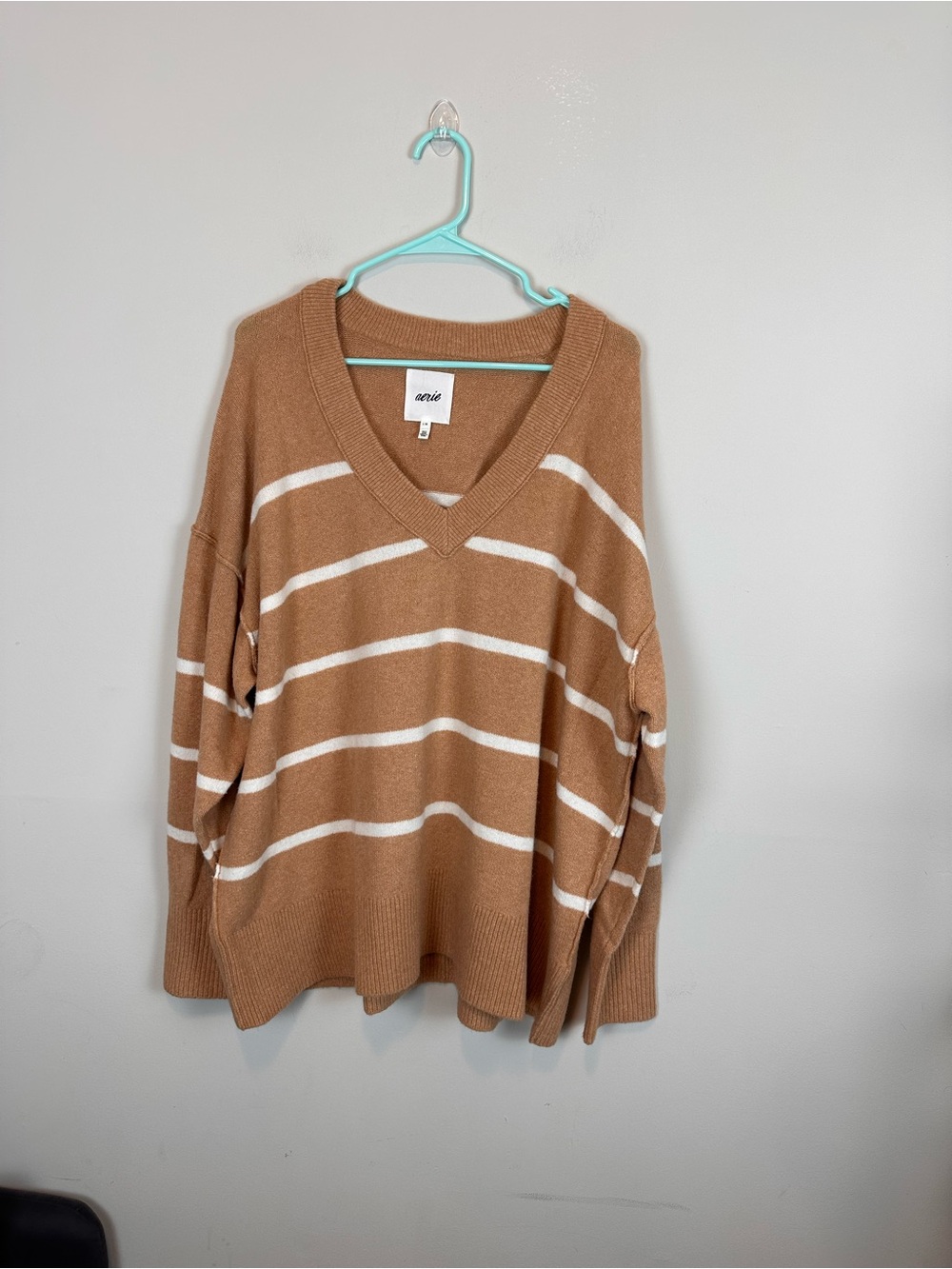 Aerie Oversized V-Neck Striped Sweater Camel White Striped Size L - Picture 3 of 13